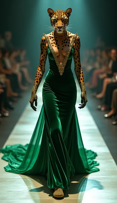 "A fierce jaguar glides down the runway in a form-fitting green velvet gown with gold claw embellishments along the neckline. The outfit features a daring slit and a shimmering train, paired with bold golden cuffs. HE PARADES ON A CATWALK, IN A STRAIGHT LI...