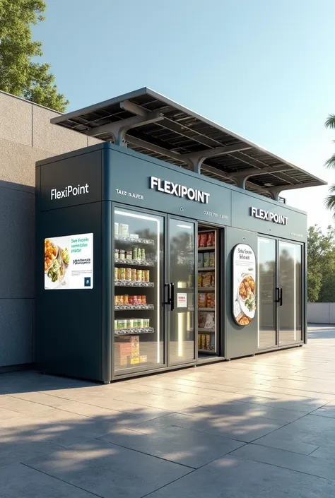 Create a realistic, corner-angle view of the FlexiPoint automated parcel locker system, measuring approximately 8 feet in length, 4 feet in width, and 6-7 feet in height. The system should appear in an open area with ample sunlight, showcasing solar panels...