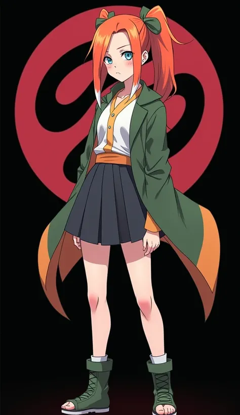 Female character created by Masashi Kishimoto in anime style inspired by Naruto,  girl with a slender and beautiful full body fair skin with red fiery orange hair and very smooth with two white locks highlighted on the front, similar to those of Rogue from...