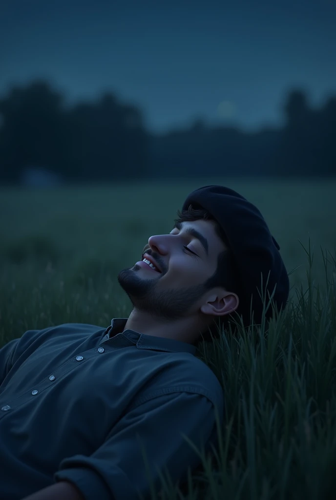 A man with a smile closed his eyes at night wearing a beret cap on the blurry field. 