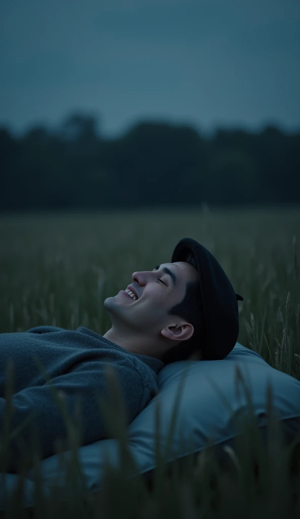 A man with a smile closed his eyes at night wearing a beret cap on the blurry field. 