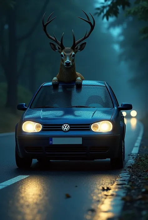 Roe deer driving a volkswagen bora 2003 in dark blue color at night hitting a guy