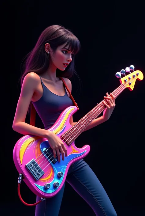 Woman playing animated bass on a black and colorful background 
