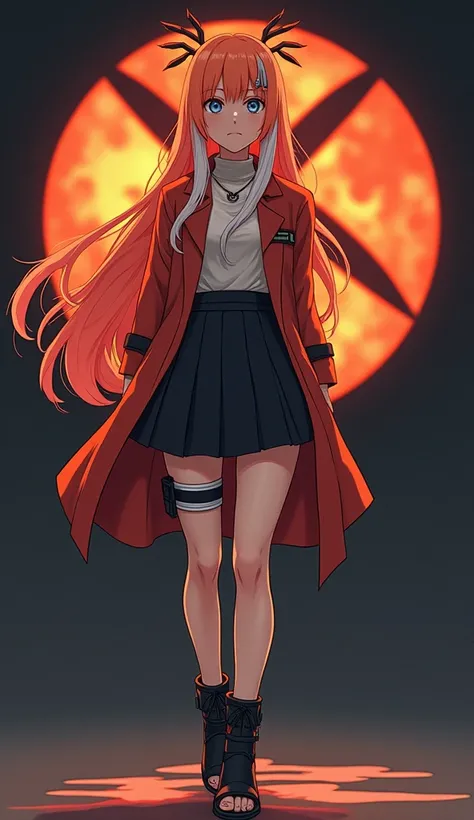 Female character created by the manga artist Masashi Kishimoto in anime style inspired by Naruto,  girl with a slender and beautiful full body fair skin with red fiery orange hair and very smooth with two white locks highlighted on the front, similar to th...