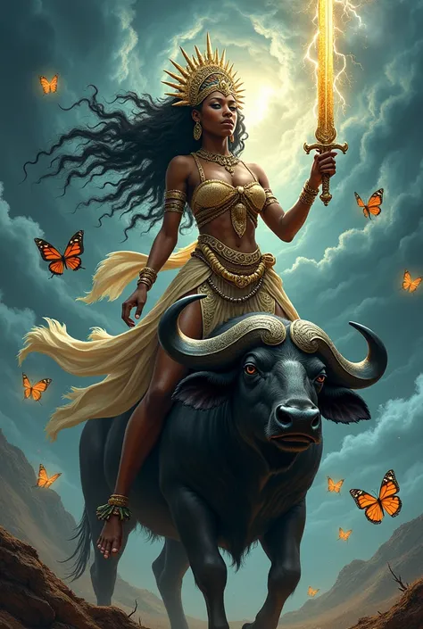 An image of Orixá Iansã holding a sword in her hand on top of a buffalo with butterflies around it and with rays, lightning, Thunder and in the middle of the storm 