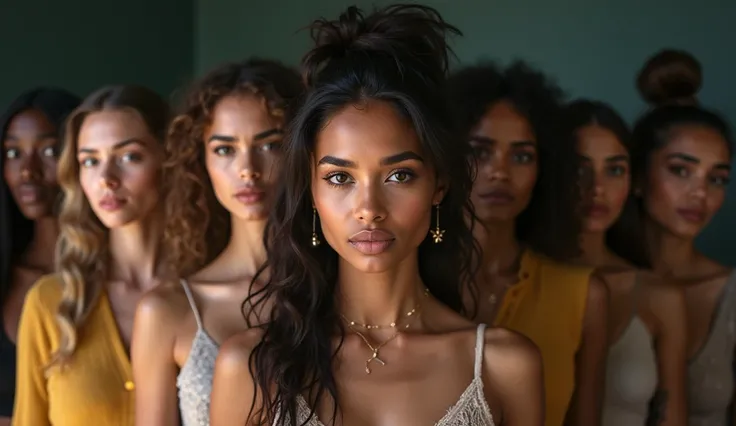 A group portrait of 10 different beautiful women standing together, each uniquely dressed, reflecting diverse styles and fashion. The women are of various ages, from young adults to middle-aged, with distinct cultural and ethnic backgrounds. Their expressi...