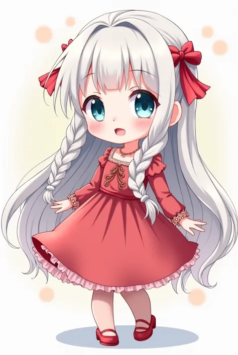  anime girl image,  she has long platinum white hair ,  divided into two long braids that fall on her shoulders .  Her dress is a soft shade of red ,  inspired by pomegranate ,  embroidered with small flower embroidery Pomegranate in the form of shiny jewe...