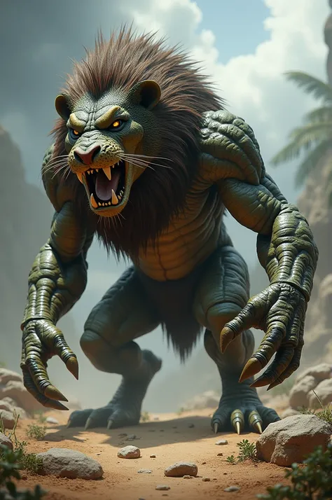 
" Create a fierce hybrid creature that combines the characteristics of a lion and an alligator .  It must have a single robust body ,  with the powerful musculature and majestic mane of a lion ,  mixed with the scaly skin and long tail of an alligator .  ...