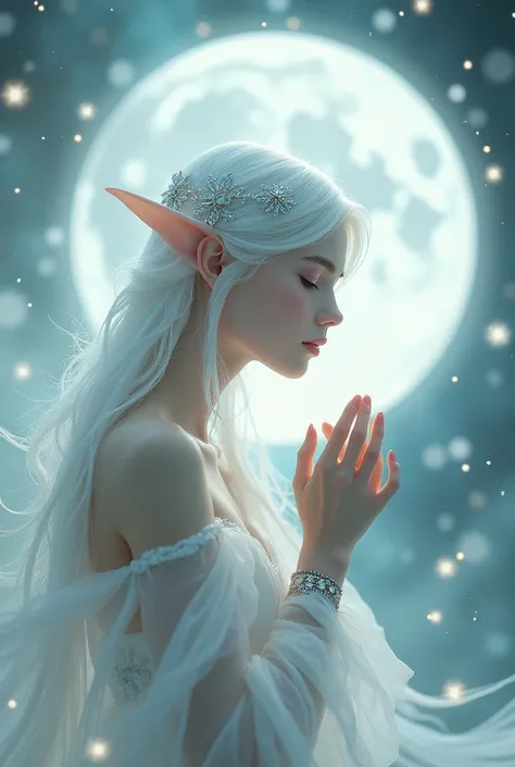 [ This image depicts a quiet , Ethereal scene， showing a delicate character playing a bright, all-white moon.  The character looks extraordinary ,  with pale skin and the ,  flowing white hair adorned with intricate , Sparkling accessories.  like dreamy , ...