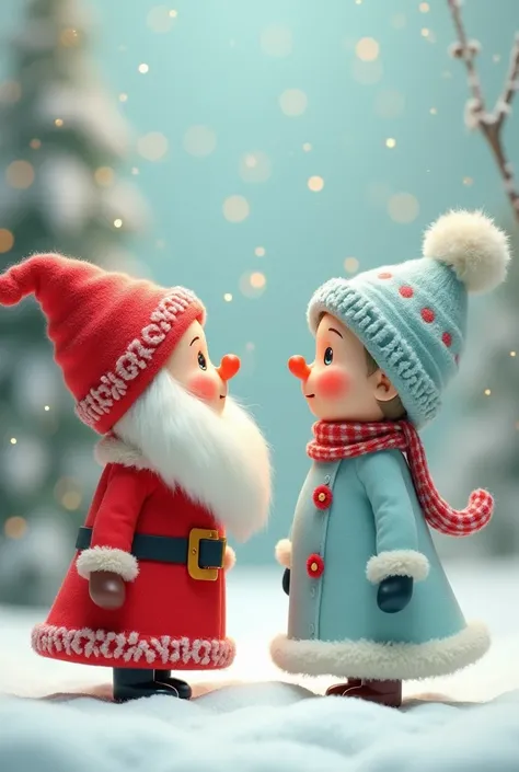 "Create an image in a 1x1 format. A Santa Claus in a red outfit with the white text Mirzobek on it. A snowgirl in a light blue outfit with the white text Gulnoza on it. Both characters should be facing each other, and there should be a simple yet pleasant ...