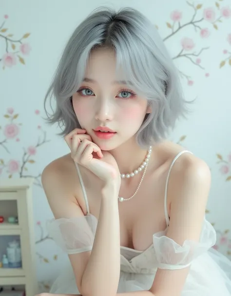 (【8k,  realistic , Original picture,  top quality: 1.4), Japanese idol style beauty ,1,1 person,(Short wolf cut ),(silver hair), She keeps her hair behind her ears , Clear gray eyes , long  eyelashes,(Piercing(pearl)),(Lip Gloss),Lips(plump,[Shiny ), Trans...