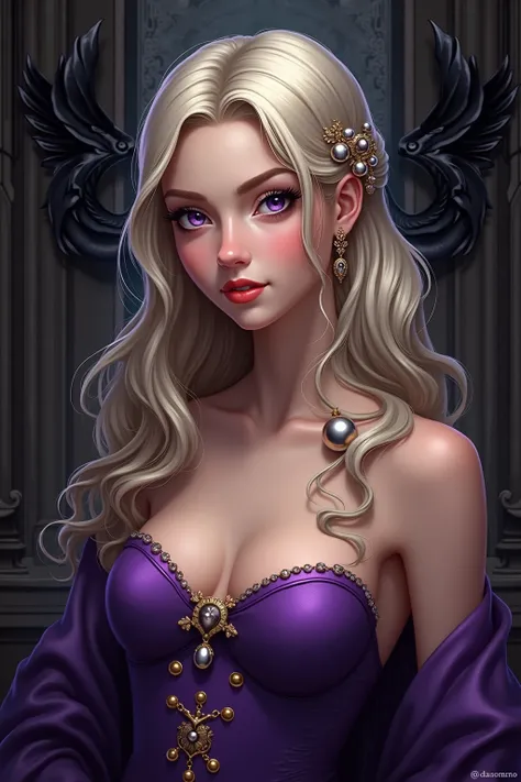 Very pretty young queen. She has violet eyes, pale skin and long silver-gold hair. In her hear she wears a few silver bells. She is slender of frame, with small breasts. Fair and extremely beautiful. She wears an elegant purple gown that leaves one breast ...