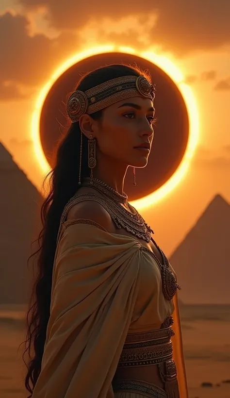 A beautiful young woman in ancient Egyptian ritual robes, standing in front of the Pyramids during solar eclipse, an Egyptian pharaoh beside her, highly detailed 8k, photorealistic, cinematic lighting, dramatic shadows, intricate jewelry, elaborate headdre...