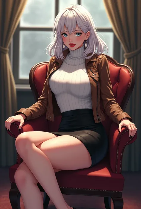 anime style, woman, white hair, bob cut, red lips, blue eyes, freckles, earrings, white sweater, tight sweater, brown short leather jacket, big chest, black tight skirt, black high heels, sitting on a chair, sitting cross legged, serious expression