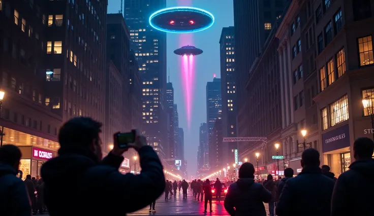 A scene of New York at night ,  with bright and colorful lights in the sky ,  unidentified flying objects in the shape of a triangle and disc ,  people on the streets looking up in a state of amazement and curiosity,  capturing images with their smartphone...