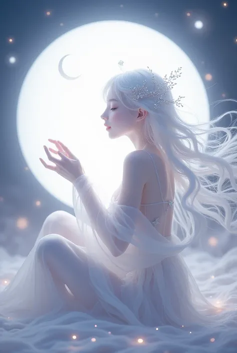 [ This image depicts a quiet , Ethereal scene， showing a delicate character playing a bright, all-white moon.  The character looks extraordinary ,  with pale skin and the ,  flowing white hair adorned with intricate , Sparkling accessories.  like dreamy , ...