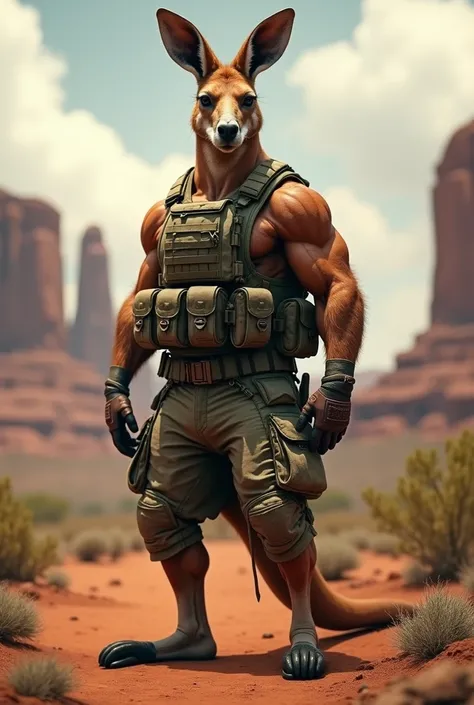  generate a realistic kangaroo image, Is he wearing military attire 