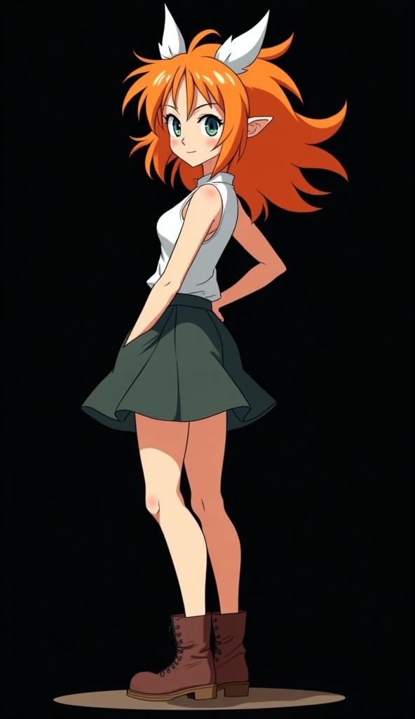 Character created by the Mangaká Akyra Toryama anime style inspired by Dragon Ball ,  girl with a slender and beautiful full body fair skin with red fiery orange hair and very smooth with two white locks highlighted on the front, similar to those of Rogue ...