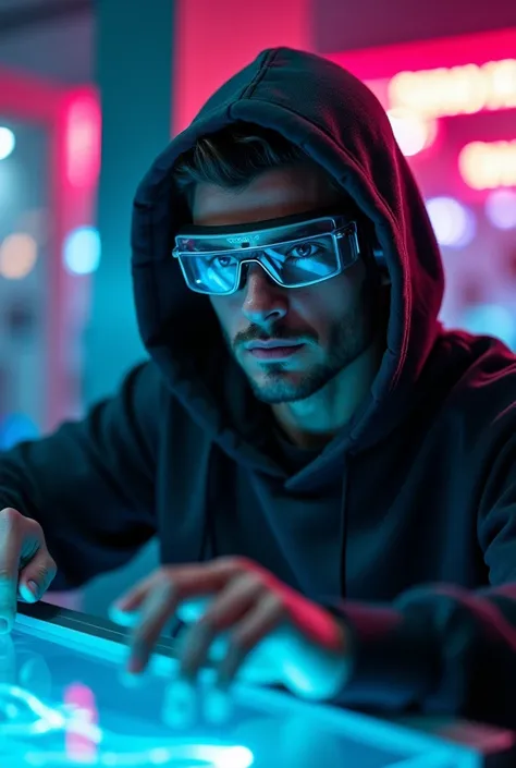 Un gros plan sur un homme beau portant un casque audio, style cyberpunk et un ordinateur futuriste transparent. Portant un sweat à capuche aux couleurs sombres, maléfique couleur, néons aux couleurs brillantes, vêtements de prestigeux aux couleurs brillant...