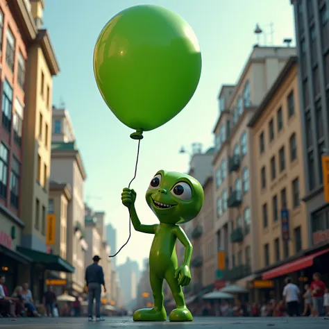  holding a giant inflatable balloon in the form of a green cheerful alien taller than a house on a city square by the cord, realistic, high resolution, high detail, ISO 100 64k, cinematic, backlight