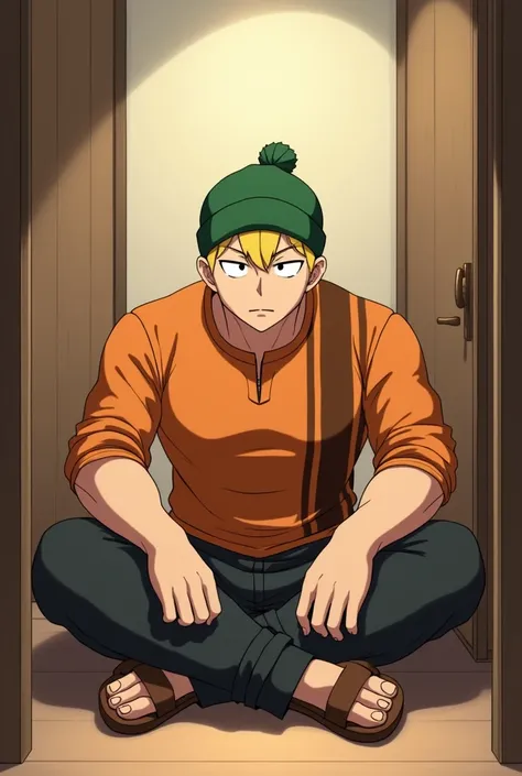 Tall Man, with round face, with short thin yellow haircut, muscular, in Anime, wearing his green Beanie on his head, his short kurta, with orange sleeve shirt with brown stripes around him, Dark Gray pants, wearing his brown sandals, in the private room, s...