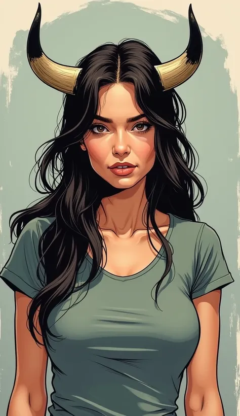 DISCREET image. with discreet casual clothes. image adult woman, american, comic book style. with a bulls horn on his head. focus on the face.