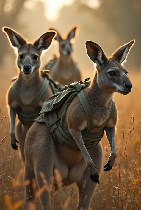  generates an image of military kangaroos on a battlefield fighting against a koala army also wearing military costumes,  the view of the image is based on an angle seen from above ,, As if filmed with drone  