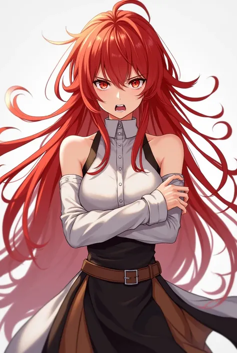 eris greyrat, 1girl, solo, long hair, ahoge, red eyes, red hair, bare shoulders,hairband, crossed arms,blush, skirt, black hairband, breasts, detached sleeves,bangs, hair between eyes, long sleeves, hair flaps, closed mouth, black skirt, brown skirt, shirt...