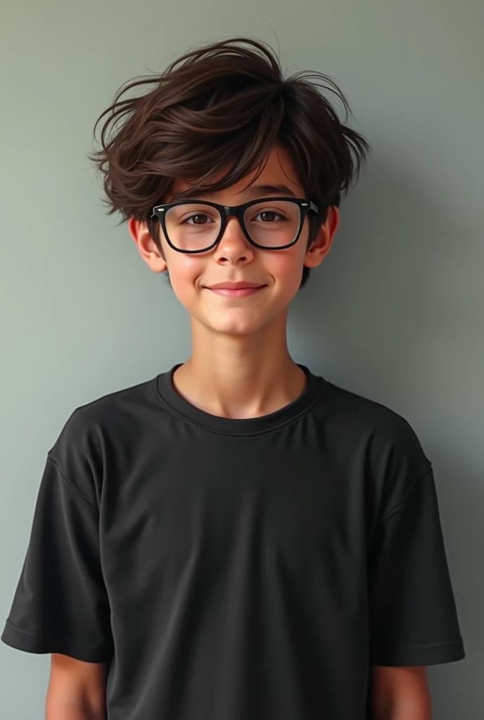  Create me a boy with messy hair , relaxed glasses and eyes ,  with brown skin and black t-shirt clothing that looks like Baljeet, But dont make it look like its for a drawing or a movie