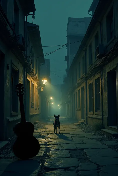 a deserted street at night,  with a dog in the background, cena vintage, And the poles come out the guitar 