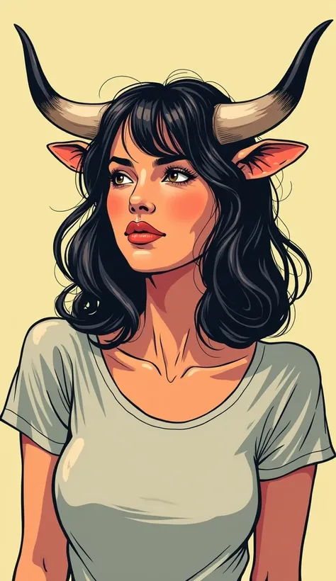 DISCREET image. with discreet casual clothes. image adult woman, american, comic book style. with a bulls horn on his head. looked to the side. focus on the face.