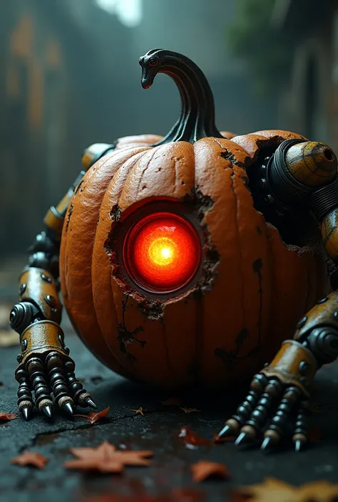 a pumpkin with a bionic arm and a red eye