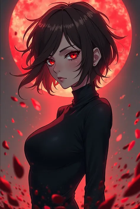 Girl with messy brown hair Ruby eyes and black clothes in Jujutsu Kaisen style 
