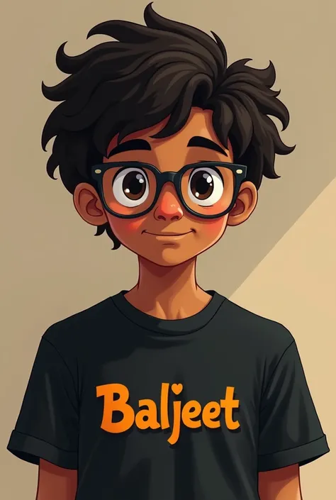  Create me a boy with messy hair , relaxed glasses and eyes ,  with brown skin and black t-shirt clothing that looks like Baljeet,  logo but doesnt look like its for a drawing or a movie, It looks like a 