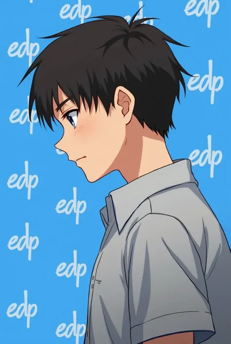 Short-haired boy, Profile view of a boy, 1 person,handsome, blue background with white text "edp" pattern