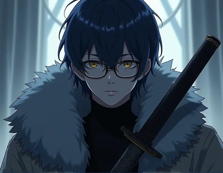 Create an anime guy with shoulder length navy blue hair, with really pale skin and glasses, wearing a turtle neck and fur coat. holding a katana