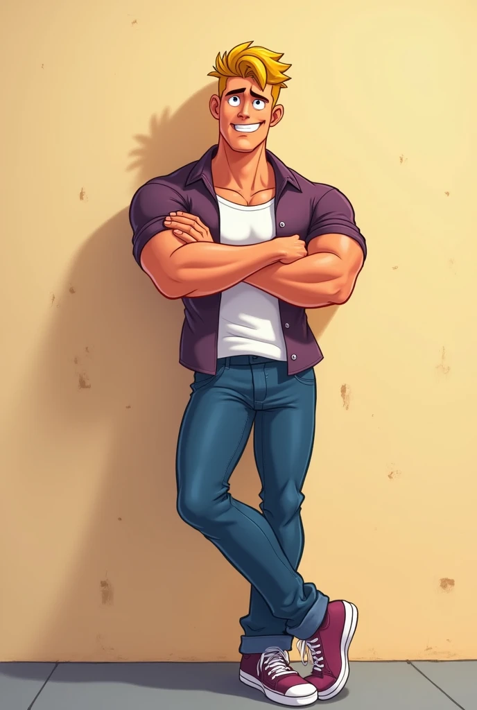 Personnage de dessin animé blond, coller contre un mur, Legé sourire confiant, un peu de muscle