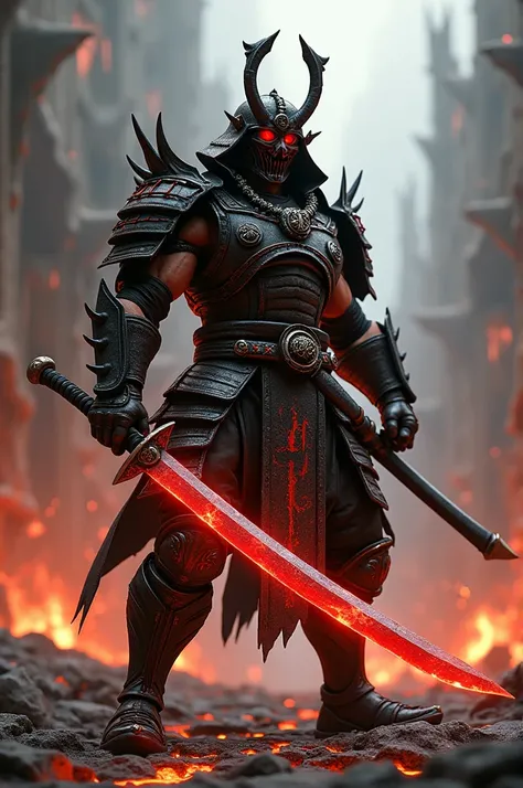 
"A full-body depiction of a fierce samurai inspired by the Mortal Kombat style, exuding a dark and gritty atmosphere. He wears heavily stylized armor with jagged edges and menacing details, blending traditional Japanese elements with a brutal, modern twis...