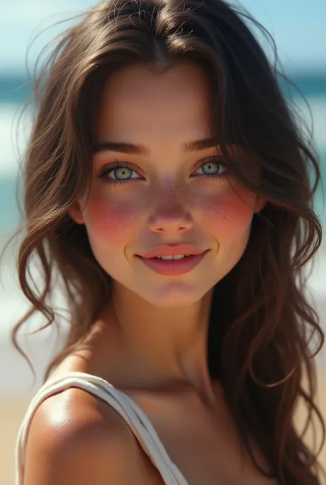  A realistic  girl with ,dark brown hair ,beautiful blue eyes ,with a little freckles, Blush Makeup, Happy, beach backgroundNose Blush, smirk ,(looks like a real person)