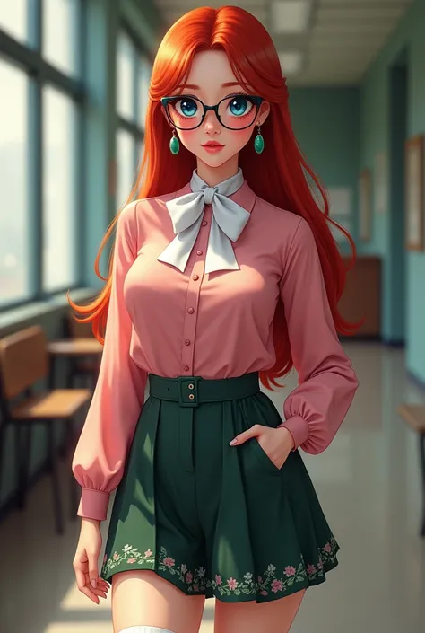 art style: digital with realistic features .  Redheaded woman with long and silky red hair . Red eyebrows.  Wearing large framed glasses .  Blue Eyes.  curvy body .   Circular and large jade earrings .  Strong eye shadow makeup and lots of blush on the che...