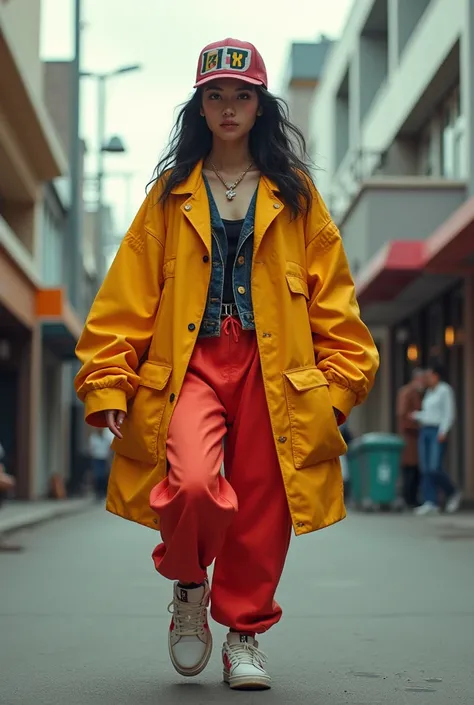 1 asian female, 90s streetstyle hiphop fashion, baggy thick edgy loose clothing, Melbourne shuffle shuffling footwork, medium shot, 1990s, photorealistic, (best quality,4k,8k,highres,masterpiece:1.2),ultra-detailed,(realistic,photorealistic,photo-realistic...