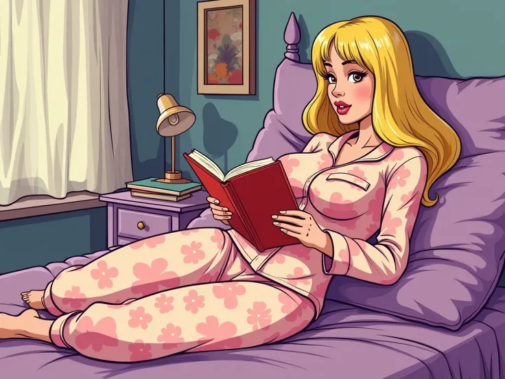  cartoon comic book design from the 70s of a baby woman reading a book in sexy pajamas and with super large breasts 
 You must be in your room,  the woman has slanted brown eyes , big lips and medium-length straight yellow hair and the image should be in p...