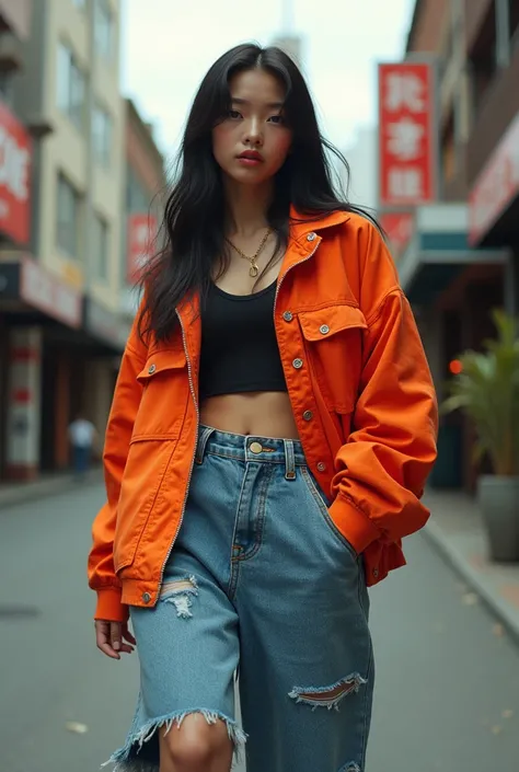 1 asian female, 90s streetstyle hiphop fashion, baggy thick edgy loose clothing, Melbourne shuffle shuffling footwork, medium shot, 1990s, photorealistic, (best quality,4k,8k,highres,masterpiece:1.2),ultra-detailed,(realistic,photorealistic,photo-realistic...