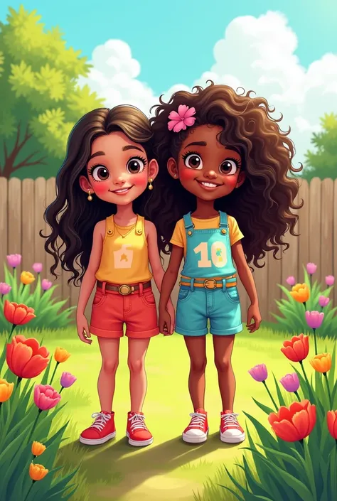 A vibrant AI comic illustration featuring two identical twin sisters, Thalita and Andriely, age 6, with distinctly different appearances. Thalita has fair skin and long, wavy hair, while Andriely has brown skin and curly hair that cascades joyfully. Both w...