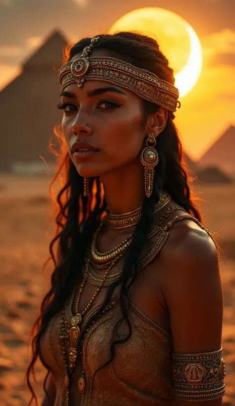 a beautiful young woman in ancient egypt performing a ritual, full moon eclipse, pyramids in the background, dramatic lighting, cinematic composition, intricate details, highly detailed 8k, photorealistic, cinematic lighting, dramatic shadows, intricate je...