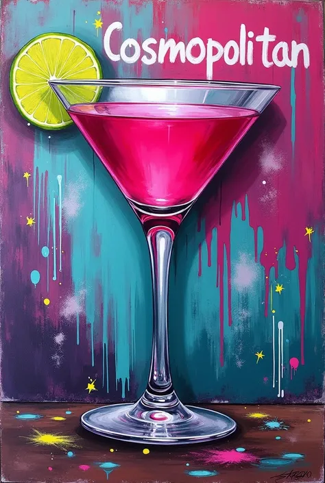 A street-art-inspired poster of a Cosmopolitan cocktail. The martini glass is painted in bright pink and silver tones with splashes of lime green for the garnish. The background is a layered wall of vibrant graffiti, with paint drips and dynamic strokes in...