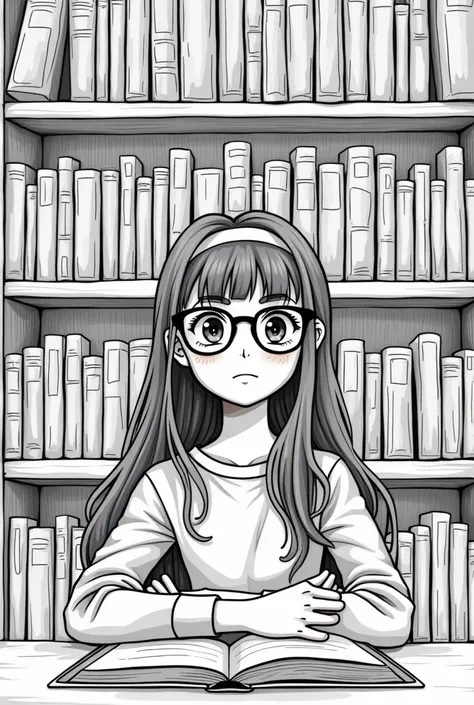 A bookcase, and a girl with glasses sitting in front of her is less realistic, so let it be a line drawing, and let there be space in a part of the bookcase, because books are friends created with words, write the slogan