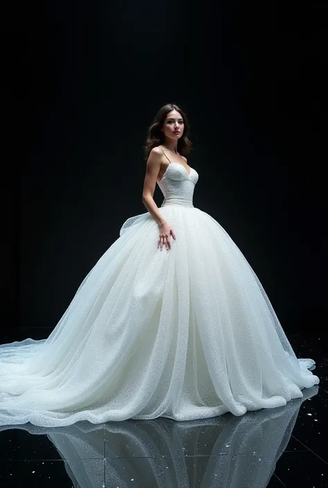  White dress with shimmering liquid glitter.  On the black glass floor and black background . Make a voluminous dress .  Armed with considerable volume . linda pose. Pose Linda. haute couture 