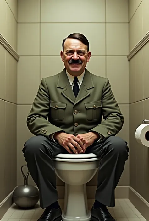 Create Adolf Hitl with a sweet, cheerful, smile, sitting on toilet