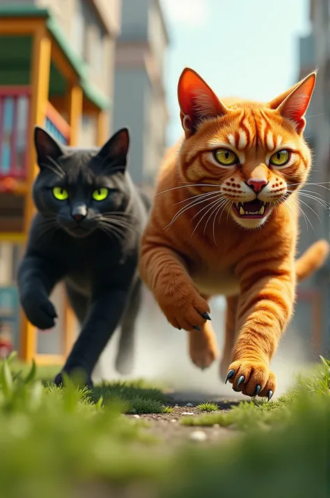 A big red cat chases another big black cat in the playground